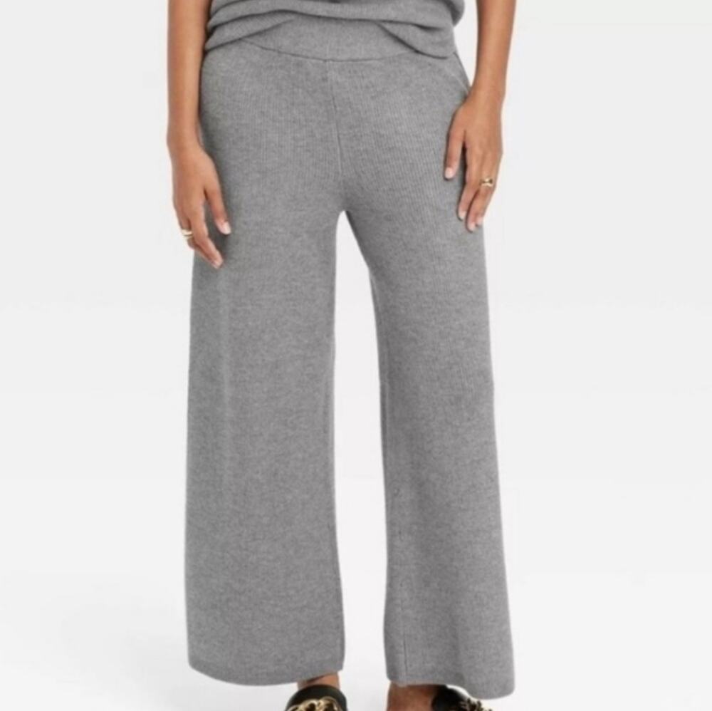 A New Day Women's Wide Leg Cozy Loungewear Gray Sweater Ribbed Knit Pants Size L